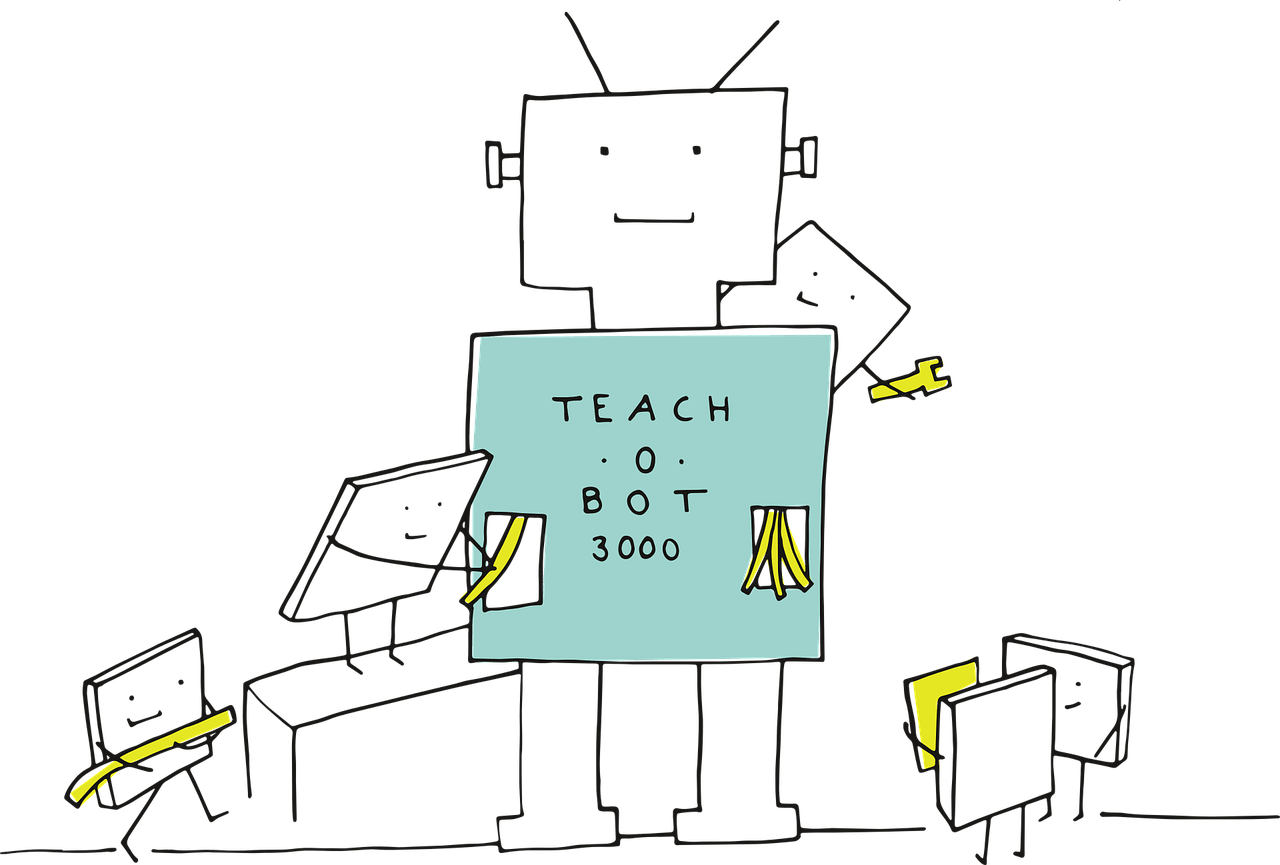 A robot standing in the center with the name "Teach-O-Bot 3000