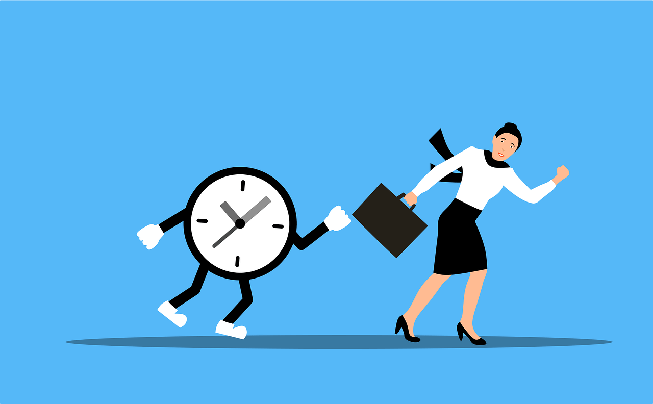 A business woman being chased by a giant sentient clock
